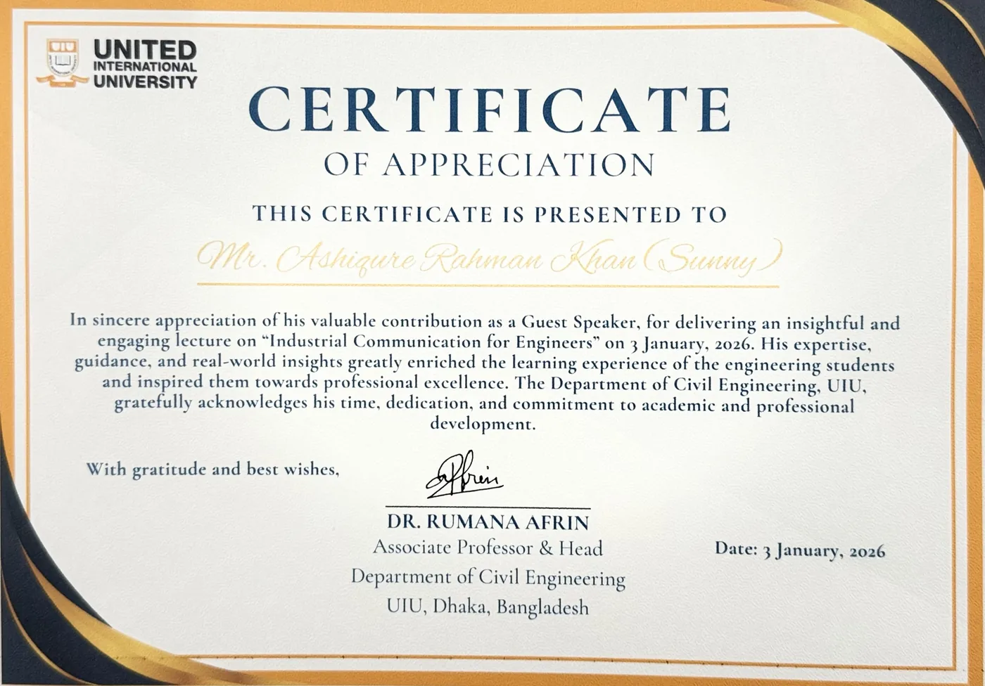 Certificate of appreciation from United International University
